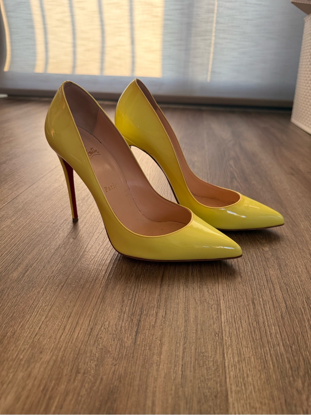 Christian Louboutin Yellow Patent Stiletto Pumps with Signature Red Sole - Picture 3 of 3